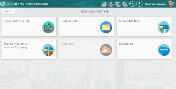 CiraSync contact list source types screenshot
