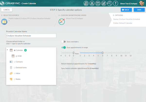 CiraSync specifying calendar sync options screenshot