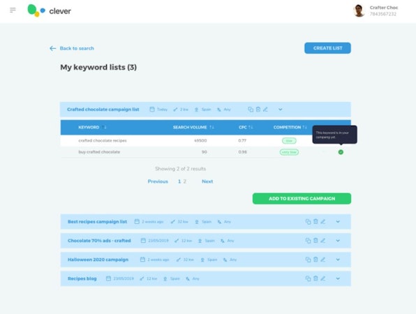 Clever Ads Keyword Planner keyword lists