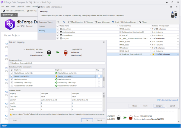 dbForge Data Compare for SQL Server column mapping screenshot