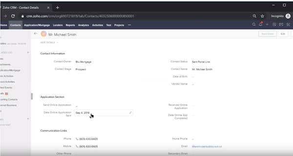 BluMortgage client contact information screenshot