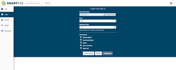 SmartFile creating users and defining roles
