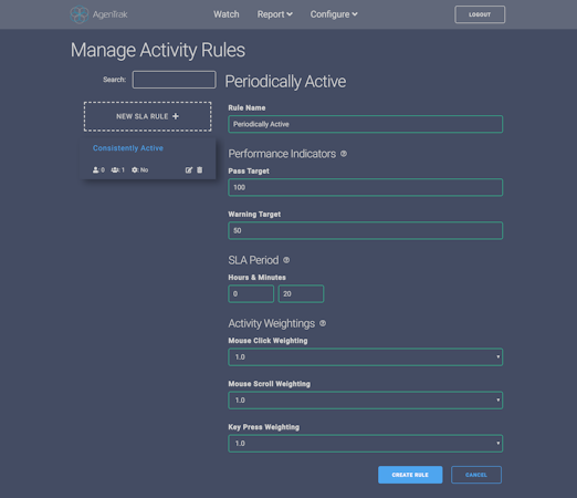 AgenTrak custom activity rules