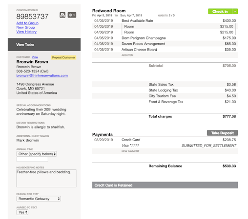 ThinkReservations Customer Bill