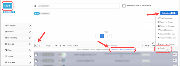 Deleting prospects in bulk