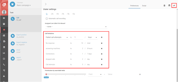 Dialfire call limitations screenshot