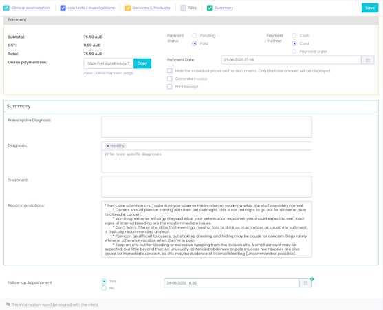 Digitail payment and diagnosis summary
