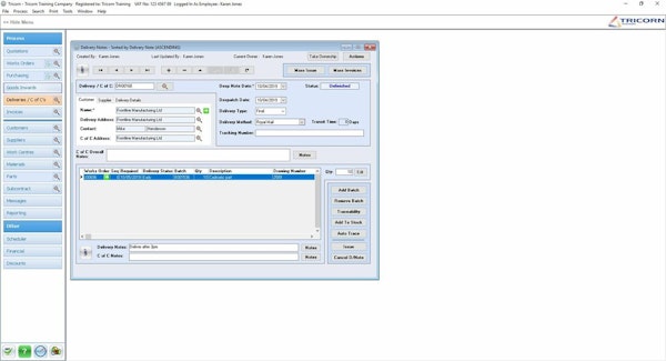 Tricorn: Production delivery notes screenshot
