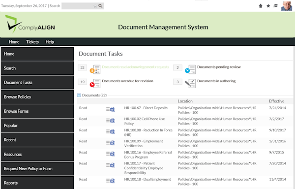 ComplyALIGN document tasks screenshot
