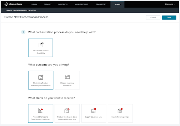 Elementum create new orchestration process screenshot