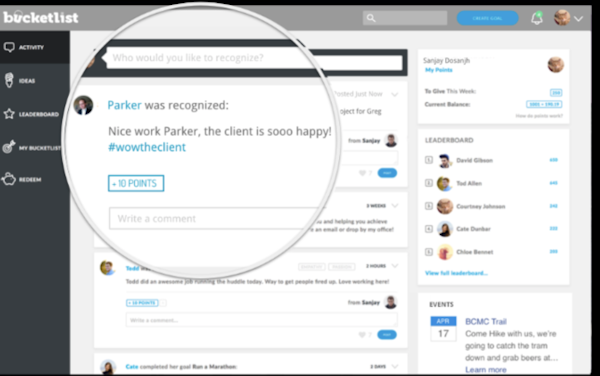 Bucketlist employee recognition screenshot.