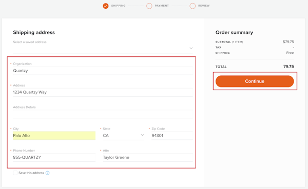 Quartzy for adding shipping details