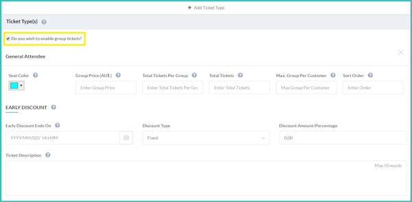 EventBookings creating group ticket screenshot