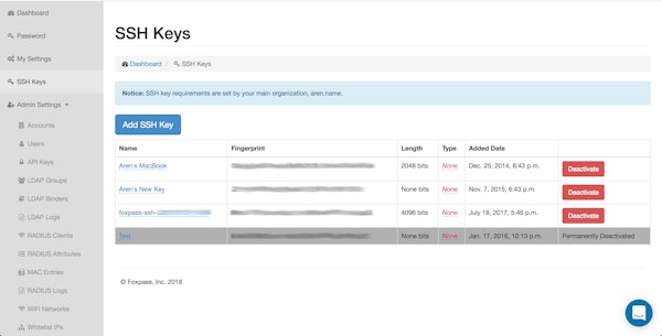 Foxpass SSH keys screenshot