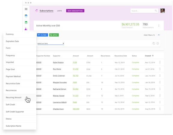 Funraise monthly subscriptions screenshot