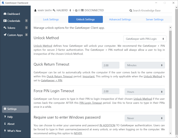 GateKeeper Enterprise unlock settings