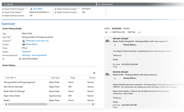 Hitachi Solutions CRM for Dealer Management service history