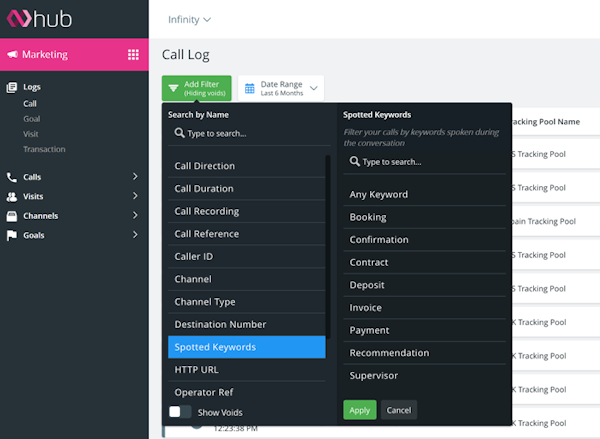 Infinity Call Tracking call log menu screenshot