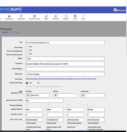 HVACBizPro proposal generation