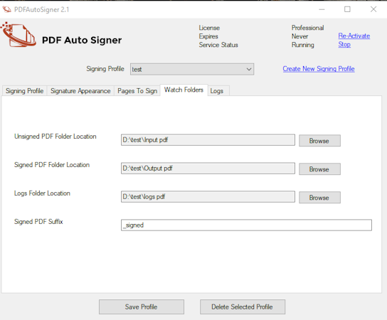 PDF AutoSigner watch folders screenshot