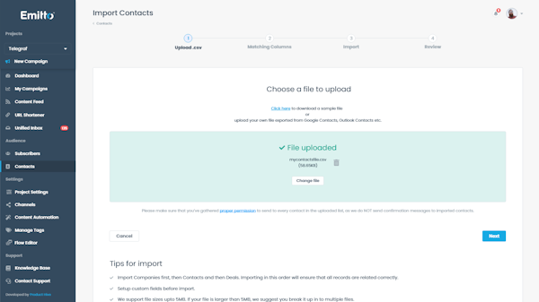 Emitto importing contacts