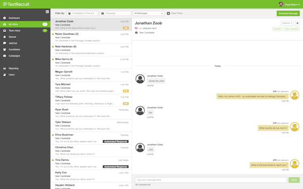 TextRecruit inbox screenshot.