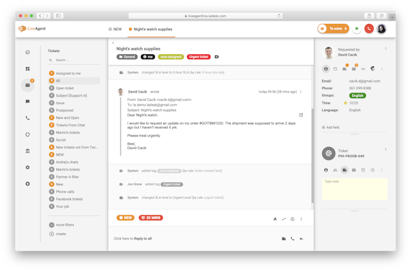 LiveAgent ticket details screenshot