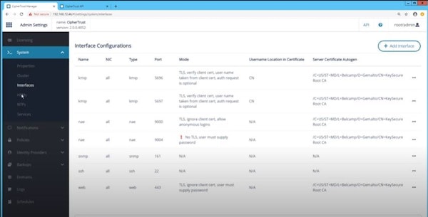 CipherTrust Data Security Platform interface configuration