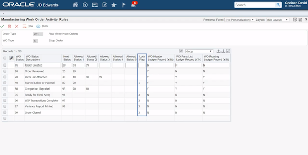 JD Edwards EnterpriseOne work order activity rules