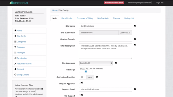 JobBoard.io site configuration screenshot