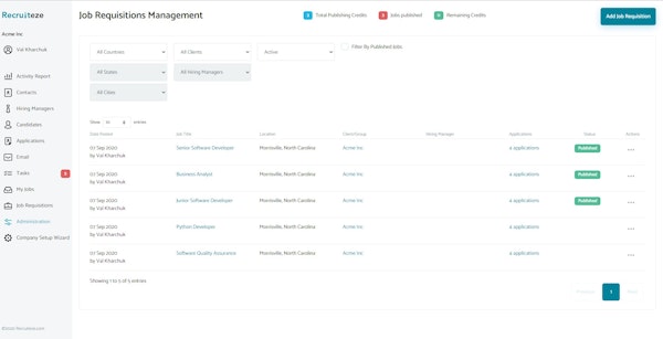 Recruiteze job requisitions management