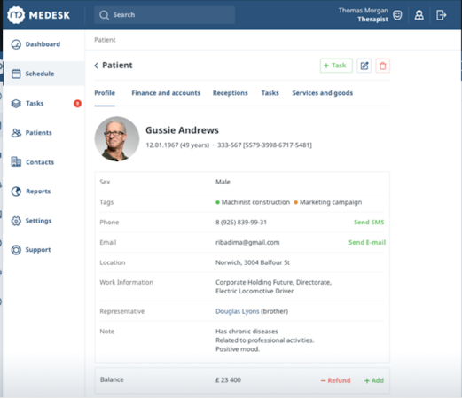 Medesk patient profile