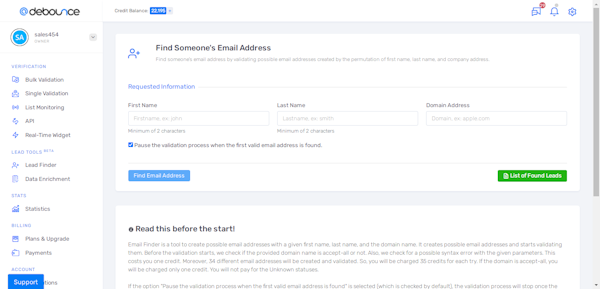DeBounce lead finder