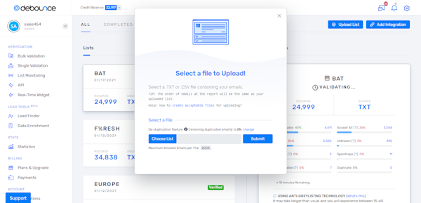 DeBounce list upload