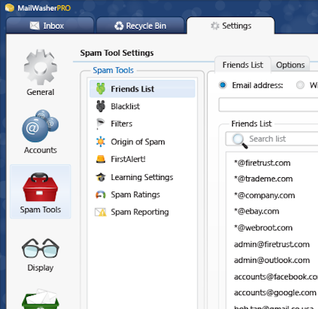 MailWasher spam tool settings screenshot