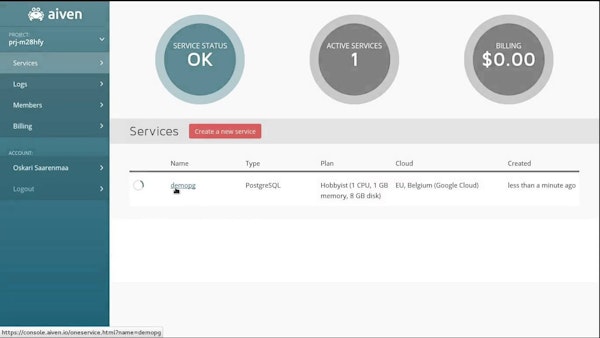 Aiven PostgreSQL database-as-a-service