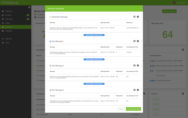 TextRecruit message scheduling screenshot.