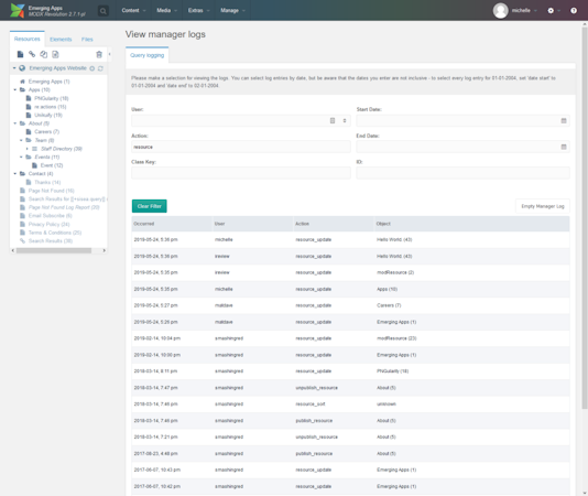 MODX manager logs