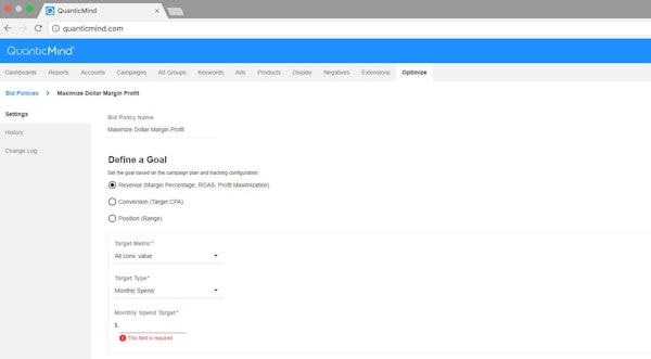 QuanticMind monthly spend target screenshot