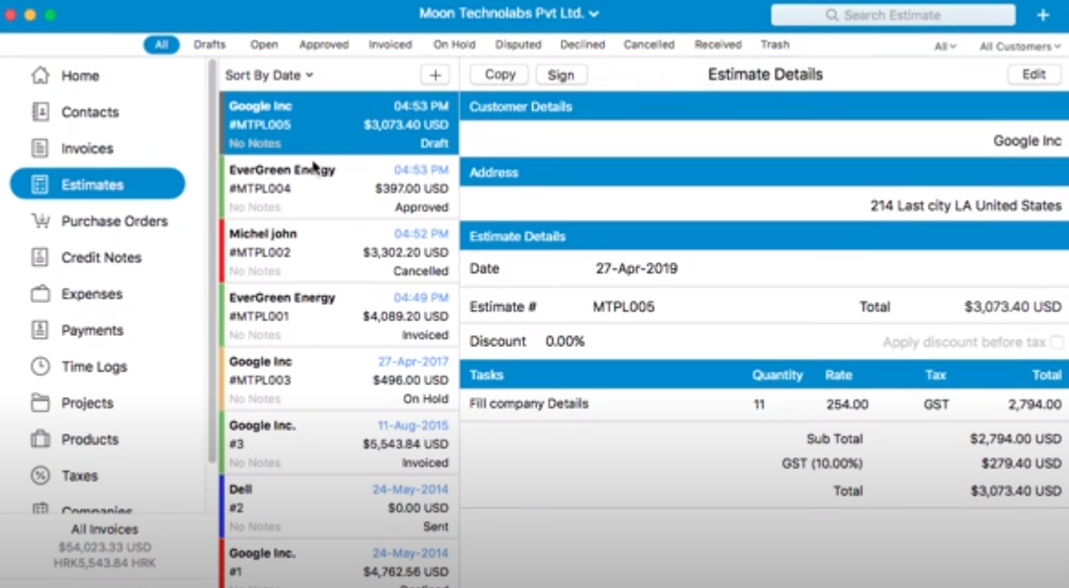 custom invoice templates in moon invoice pro