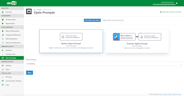 Aimtell opt-in prompts