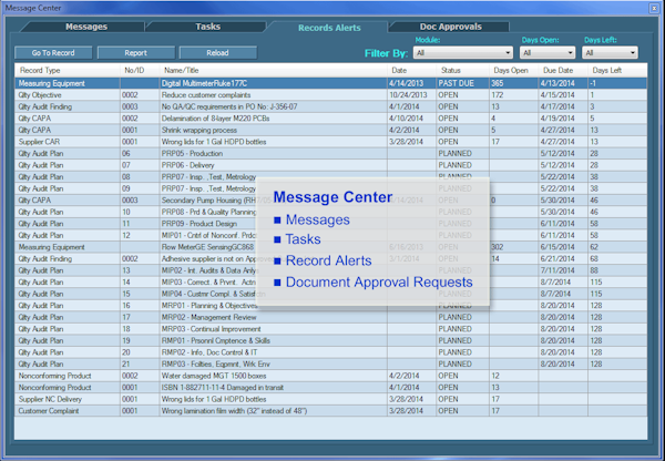 IMSXpress ISO 9001 message center screenshot