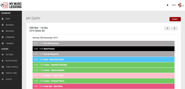 My Music Lessons diary dashboard
