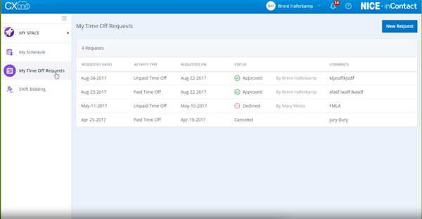 NICE InContact CXone time-off request