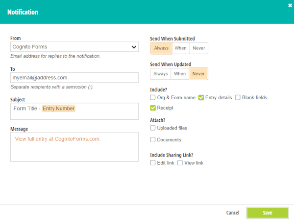 Cognito Forms managing email notifications