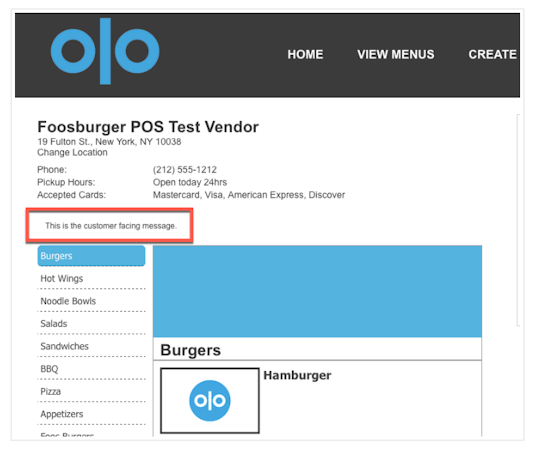 Olo customer-facig message