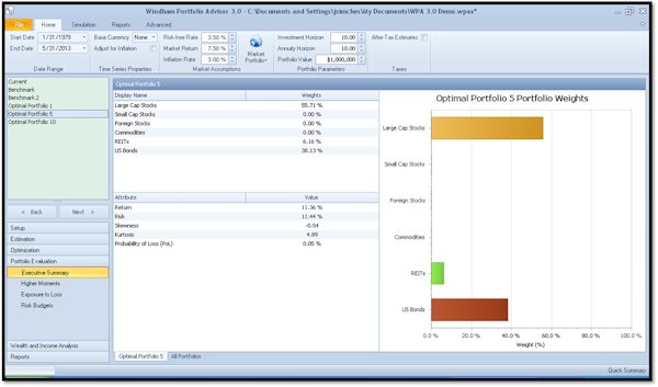 Windham Portfolio Advisor optimal portfolio screenshot