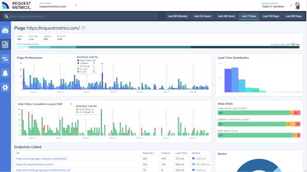 Request Metrics page performance and web vitals