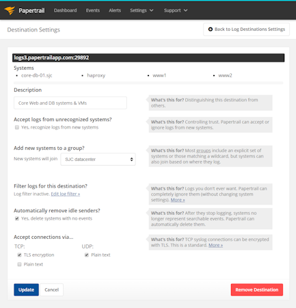 Papertrail destination settings