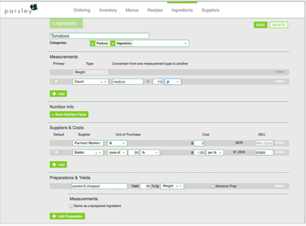 Parsley ingredient manager screenshot